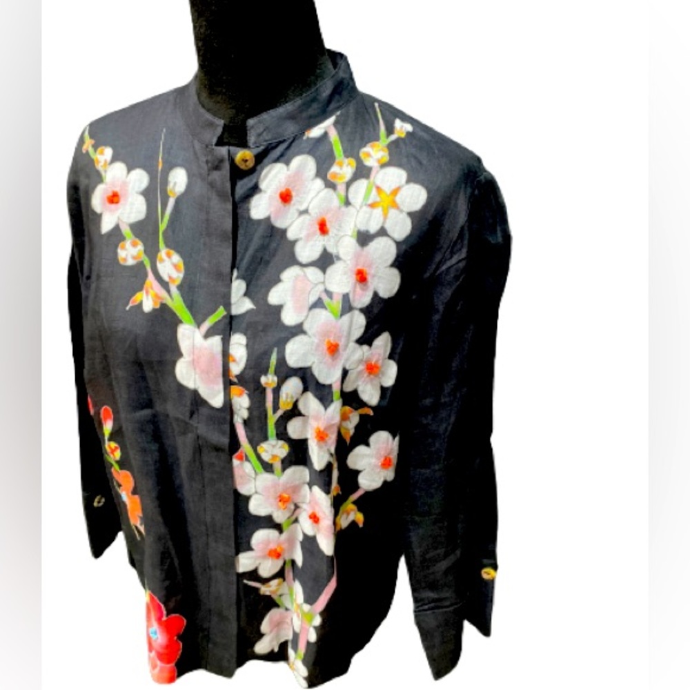 CITRON SANTA MONICA Cherry Blossom Asian Boxy Shirt Natural Accents Sz Large